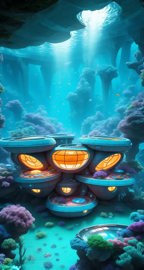 underwater BREAK underwater metal sci-fi 60s style house with oval forms <lora:Tesseract_2.0:1>, vivid colors,