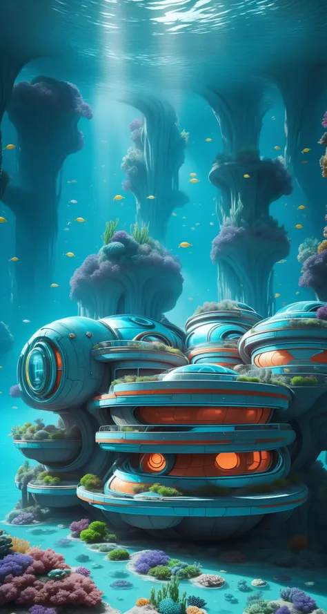 underwater BREAK underwater metal sci-fi 60s style house with oval forms <lora:Tesseract_2.0:1>, vivid colors,