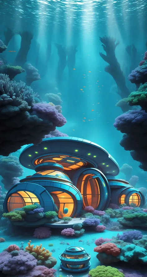 underwater BREAK underwater metal sci-fi 60s style house with oval forms <lora:Tesseract_2.0:1>, vivid colors,