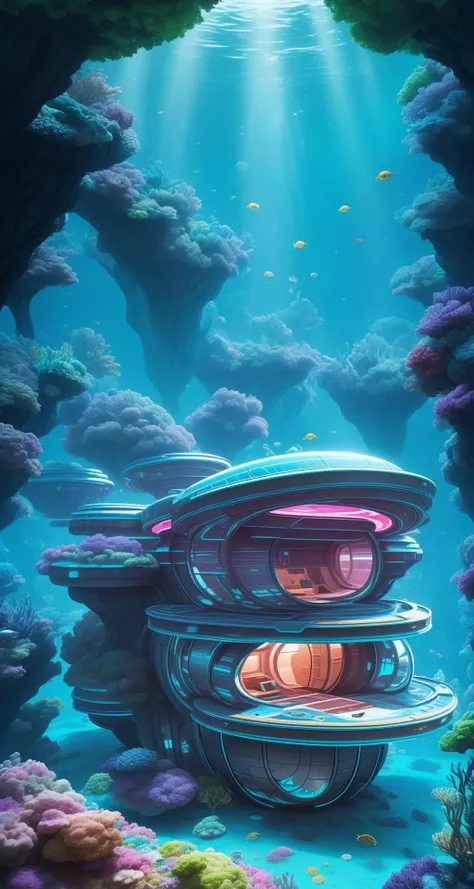 underwater BREAK underwater metal sci-fi 60s style house with oval forms <lora:Tesseract_2.0:1>, vivid colors,