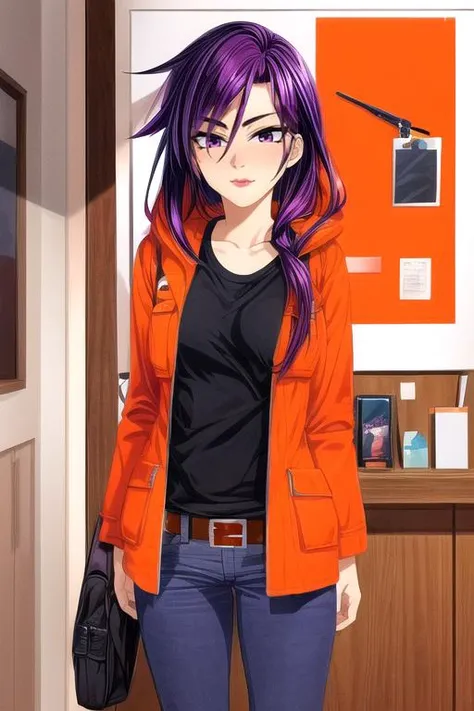 (best quality), (ultra-detailed), (best illustration), (masterpiece), black and violet hair, purple eyes, lipstick, (kagami hirotaka style:1.2), <lora:kagamiHirotaka_v10:0.7> <lora:KennyPanderverse:0.4>