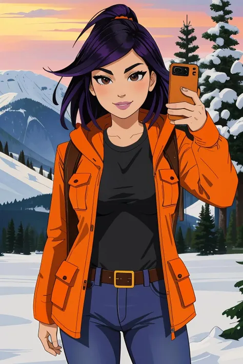 1girl, asian, brown eyes, orange parka, hoodie, jeans, belt, black and violet hair, lipstick, posing, next to wall, upper body focus, (selfie pose:1.15), smile, breasts, snowy forest background mountains,  <lora:KennyPanderverse:0.49>, masterpiece, highest quality