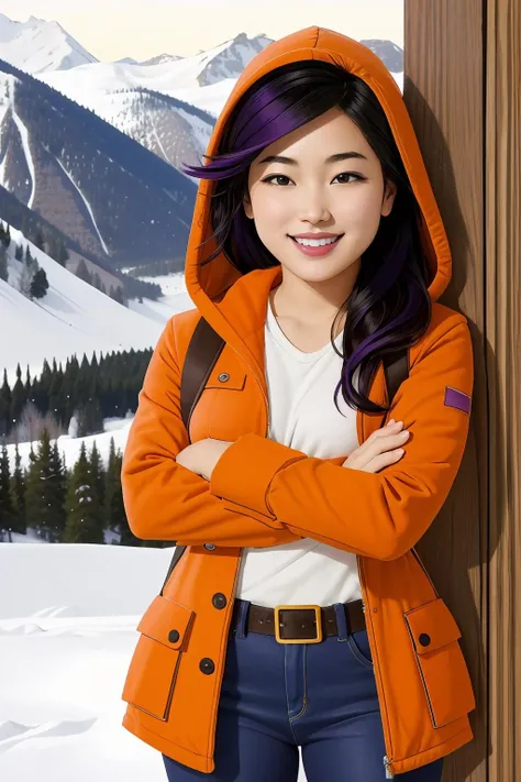 1girl, asian, brown eyes, orange parka, hoodie, jeans, belt, black and violet hair, lipstick, posing, next to wall, upper body focus, (pointing pose:1.15), smile, breasts, snowy forest background mountains, <lora:KennyPanderverse:0.49>, masterpiece, highest quality