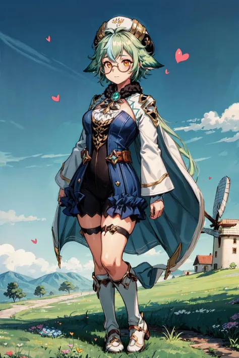 thick outlines, comics, photorealistic, 1girl, solo, full body shot, cute, <lora:sucrose1:1>, sucrosedef, orange eyes, glasses, casting green magic, castle, grass. windmill, pink hearts, detailed background, detailed face, detailed eyes, <lora:add_detail:0.7>