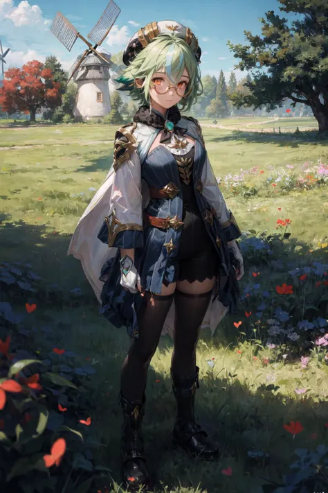 thick outlines, comics, photorealistic, 1girl, solo, full body shot, cute, <lora:sucrose1:1>, sucrosedef, orange eyes, glasses, casting green magic, castle, grass. windmill, pink hearts, detailed background, detailed face, detailed eyes, <lora:add_detail:0.7>