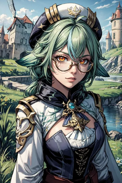 thick outlines, comics, photorealistic, 1girl, solo, cute, <lora:sucrose1:0.9>, sucrosedef, orange eyes, glasses, castle, grass. windmill, detailed background, detailed face, detailed eyes, <lora:add_detail:0.7>
