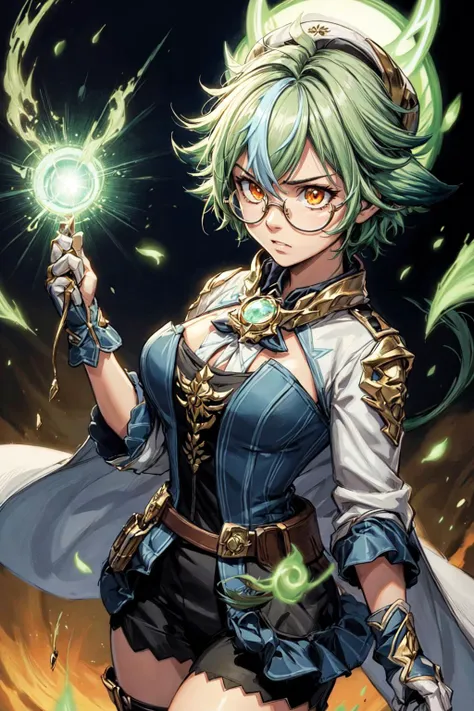 thick outlines, comics, photorealistic, 1girl, solo, cowboy shot, angry, casting magic, wind power, green power, green aura, green magic, tornado, <lora:sucrose1:1>, sucrosedef, short hair, orange eyes, glasses, detailed background, detailed face, detailed eyes, <lora:add_detail:0.7>