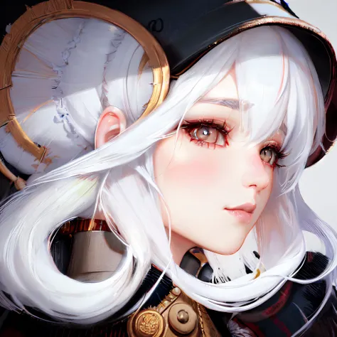 white hair, a young South Korean girl with medium-length white hair wearing a fox hat, a highly detailed face by Greg Rutkowski and Magali Villeneuve, beautiful eyes, cinematic lighting, Hyperrealism