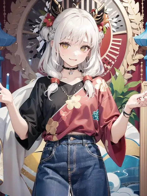 highres, ultra detailed, (1girl:1.3), white hair, 
BREAK
yellow eyes, 
BREAK
red t-shirt, 
BREAK
black skirt, 
BREAK
fresco technique, classic mural, plaster surface, rich pigments, timeless artistry, historical charm, evocative storytelling, 
BREAK
screen printing, bold graphics, flat colors, layered designs, handcrafted texture, unique visuals, versatile technique,