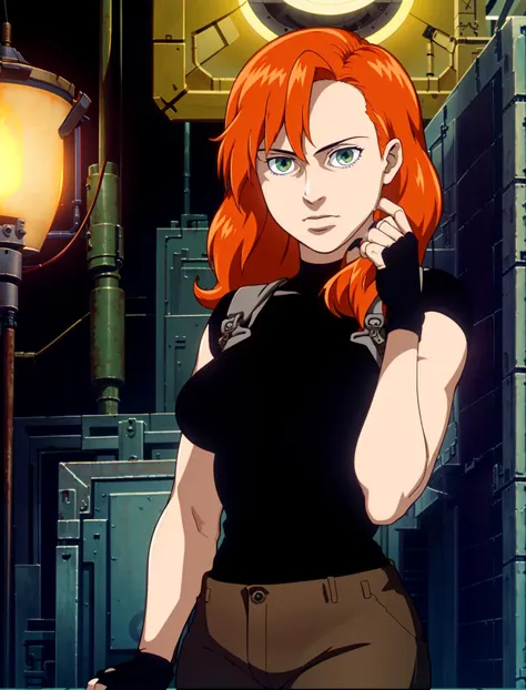 masterpiece, best quality,1girl, kimberly ann possible, standing, orange hair, long hair, green eyes, fingerless gloves, black shirt, brown pants, large breasts, indoors, factory, machinery, lamps, looking at viewer, military harness, weapon holster
 <lora:Ghost in the Shell Style-000002:0.795>, <lora:kimberlyAnnPossible_v10:0.3>