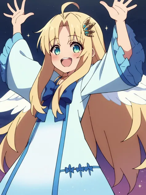 score_9, score_8_up, score_7_up, score_6_up, score_5_up, (source_anime:1.4), BREAK, colorful, blush, 1girl, solo,  <lora:filo.pony:1>, filo,  happy, wings, white dress,