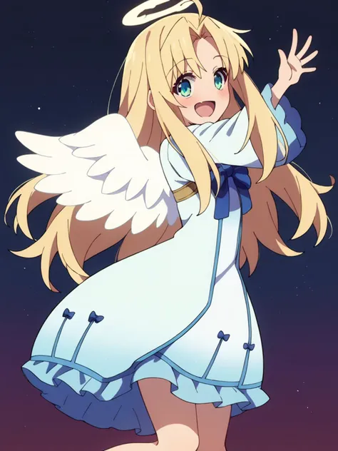 score_9, score_8_up, score_7_up, score_6_up, score_5_up, (source_anime:1.4), BREAK, colorful, blush, 1girl, solo,  <lora:filo.pony:1>, filo,  happy, angel wings, white dress,