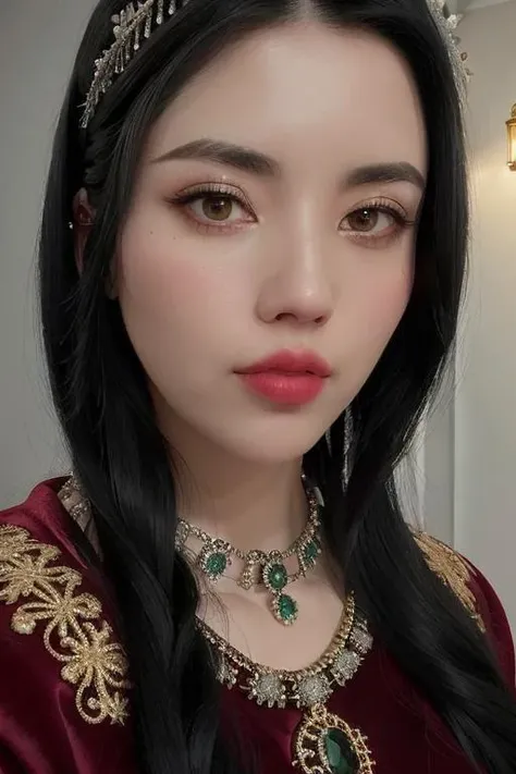 a beautiful empress portrait, black hair, perfect eyes, clothes Santa robes, everything Christmas, snow, symmetrical, dramatic studio lighting, rococo, baroque, greens, asian, hyperrealism, closeup, D&D, fantasy, intricate, elegant, highly detailed, digital painting, artstation, octane render, 8k, concept art, matte, sharp focus