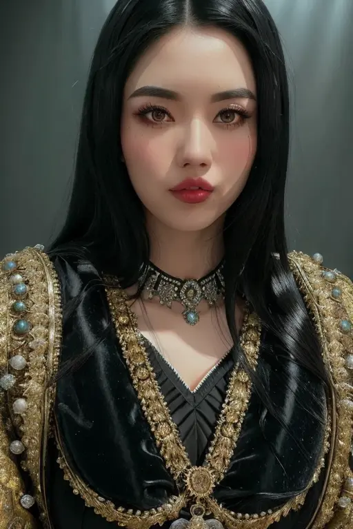 a beautiful empress portrait, black hair, perfect eyes, clothes Santa robes, everything Christmas, snow, symmetrical, dramatic studio lighting, rococo, baroque, greens, asian, hyperrealism, closeup, D&D, fantasy, intricate, elegant, highly detailed, digital painting, artstation, octane render, 8k, concept art, matte, sharp focus