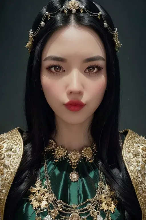 a beautiful empress portrait, black hair, perfect eyes, clothes Santa robes, everything Christmas, snow, symmetrical, dramatic studio lighting, rococo, baroque, greens, asian, hyperrealism, closeup, D&D, fantasy, intricate, elegant, highly detailed, digital painting, artstation, octane render, 8k, concept art, matte, sharp focus