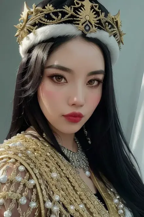 a beautiful empress portrait, black hair, perfect eyes, clothes Santa robes, everything Christmas, snow, symmetrical, dramatic studio lighting, rococo, baroque, greens, asian, hyperrealism, closeup, D&D, fantasy, intricate, elegant, highly detailed, digital painting, artstation, octane render, 8k, concept art, matte, sharp focus