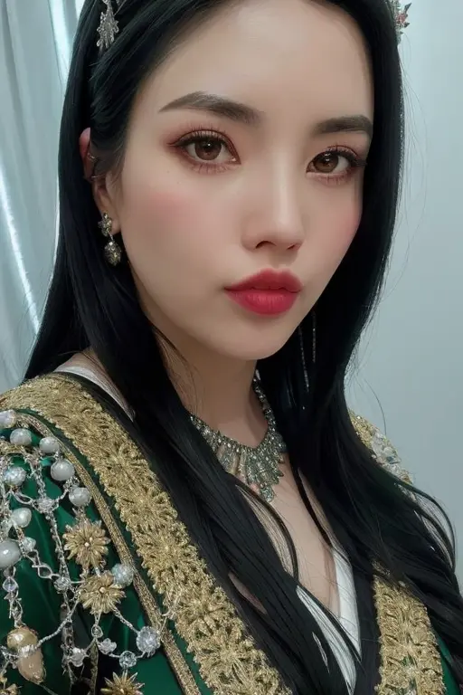 a beautiful empress portrait, black hair, perfect eyes, clothes Santa robes, everything Christmas, snow, symmetrical, dramatic studio lighting, rococo, baroque, greens, asian, hyperrealism, closeup, D&D, fantasy, intricate, elegant, highly detailed, digital painting, artstation, octane render, 8k, concept art, matte, sharp focus