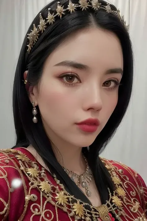 a beautiful empress portrait, black hair, perfect eyes, clothes Santa robes, everything Christmas, snow, symmetrical, dramatic studio lighting, rococo, baroque, greens, asian, hyperrealism, closeup, D&D, fantasy, intricate, elegant, highly detailed, digital painting, artstation, octane render, 8k, concept art, matte, sharp focus