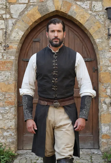 DonM1uth3rXL upperbody shot of man,in front of a 3g3Kl0st3rXL portal, sorcerer's breeches, rune-etched wraps, <lora:myLora\DonM1uth3rXL-000008:0.8><lora:myLora\3g3Kl0st3rXL-000006:0.6>,