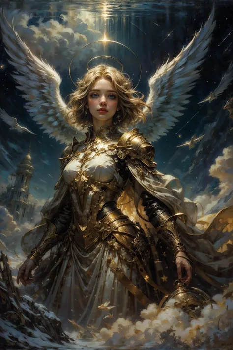 masterpiece, detailed, beautiful, oil painting, 1girl, angel, large angel wings, halo, white fabric, floating in the air, in the sky, transfiguration, heavenly enlightenment, clouds, romantic, magical, fantasy, falling star, astral BREAK short blonde hair, laced hair <lora:BearlySD:0.7> <lora:epiNoiseoffset_v2>