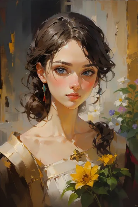(oil painting:1.1),abstract, oil painting, confident gaze, beautiful Ukranian girl wearing her cultural clothes, extends her hand, face front, age 18 years old, shoulder turned, blurry flower background, upper body portrait,(masterpiece, best quality, highres), <lora:BearlySD:0.8>