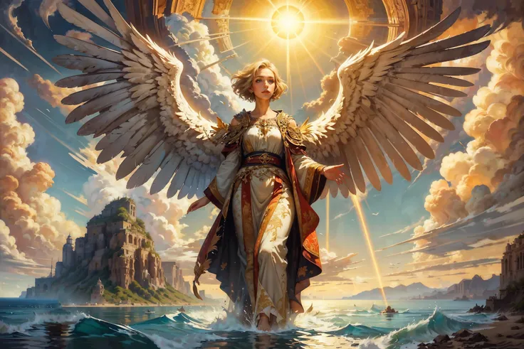 (best quality, masterpiece, ultra-detailed, high resolution:1.2), oil painting, high quality artwork, woman, angel wings, large feather wings, short blonde hair, walking over water, transfiguration, sun rays, god rays, clouds, ocean, blue sky  <lora:styles/BearlySD:0.7> <lora:tools/epiNoiseoffset_v2> <lora:tools/colorize> <lora:tools/detail_slider_v4>