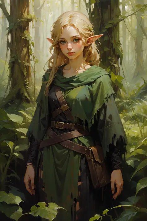 (oil painting:1.1),masterpiece, best quality, one young cute woman elf, blonde hair, green torn clothes, nature, green theme, forest overgrown, medieval, (oil painting), bearly <lora:BearlySD:0.8>