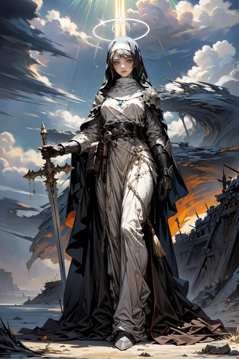 (masterpiece:1.1), (best quality:1.1), (vibrant colors:1.1), BREAK, (dark fantasy:1.1), <lora:BearlySD:1.0>, oil painting, BREAK, (full body:1.0), (nun:1.1),  (holy:1.0), (white armor:1.1), (sword:1.0), (blessed:1.0), (halo:1.0), (in the midst of battle:1.1),  BREAK,  (night:1.1), (outdoors:1.1), (battle field:1.1), (army:1.0), (raging storm:1.0), (storm clouds:1.0), (thunder:1.0), (lightning:1.0)