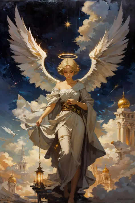 masterpiece, detailed, beautiful, oil painting, 1girl, angel, large angel wings, halo, white fabric, floating in the air, in the sky, transfiguration, heavenly enlightenment, clouds, romantic, magical, fantasy, falling star, astral BREAK short blonde hair, laced hair <lora:BearlySD:0.7> <lora:epiNoiseoffset_v2>