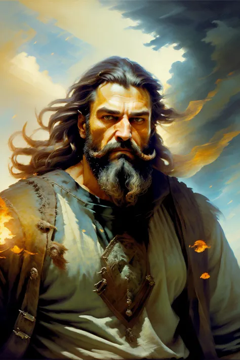 masterpiece, best quality, oil painting, 1boy, beard, facial hair, fantasy, long hair, male focus, manly, medieval, muscular, abs,  solo, , smoke, abstract background <lora:oil-HXZ:0.4>