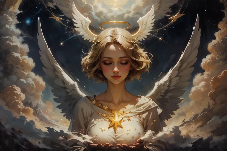 masterpiece, detailed, beautiful, oil painting, 1girl, angel, large angel wings, halo, white fabric, floating in the air, in the sky, transfiguration, heavenly enlightenment, clouds, romantic, magical, fantasy, falling star, astral BREAK short blonde hair, laced hair <lora:BearlySD:0.7> <lora:epiNoiseoffset_v2>