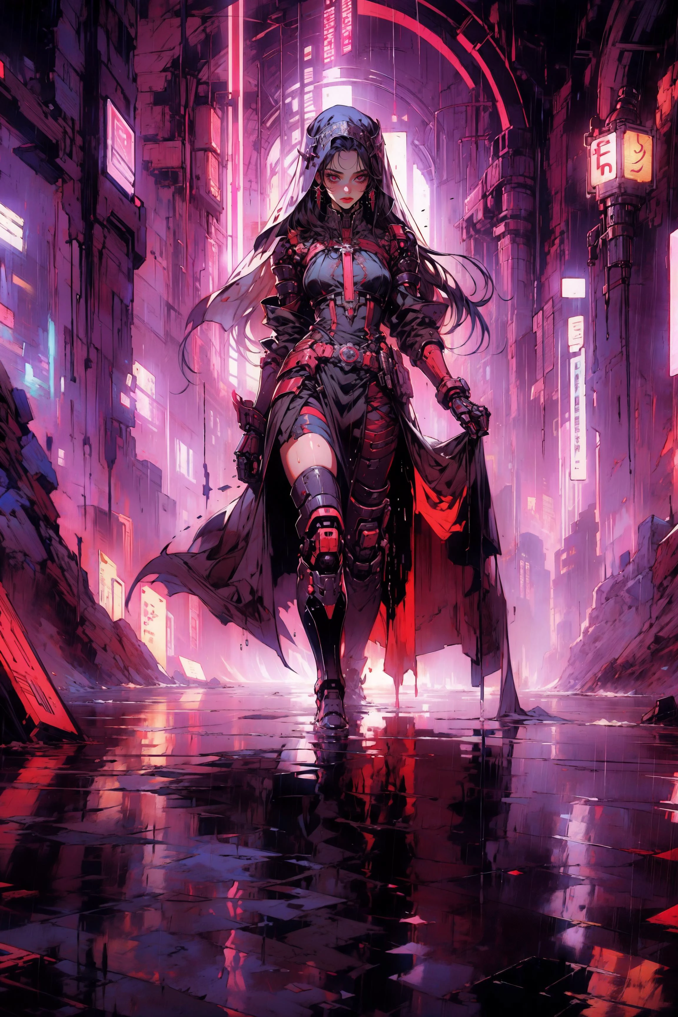 (masterpiece:1.1), (best quality:1.1), (flat colors:1.2), BREAK,
(surreal:1.1), (occult:1.1), (vaporwave:1.0), (dieselpunk:1.0), (anime:1.0), BREAK,
(solo:1.2), (full body:1.0), (priestess:1.1), (veil:1.0), (android:1.1), (bionic limbs:1.1), (Neon Light:0.9), (oil painting:1.1), (cross on chest:1.0), <lora:Neno:0.9>, <lora:BearlySD:1.0>, BREAK,
(reflections:1.0), (wet floor:1.0)