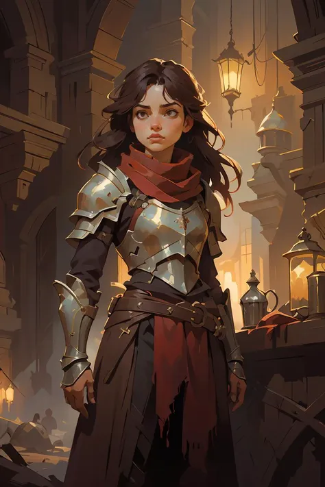masterpiece, best quality, 1girl inside a dark room, long hair, brown eyes, armor, breastplate, brown belt, fantasy, (oil painting), red scarf, upper body, dark, night, no light, by Steve Henderson, Fabian Perez, Henry Asencio, Jeremy Mann, Marc Simonetti, fantasy, magical horror, atmosphere,<lora:BearlySD:0.8>