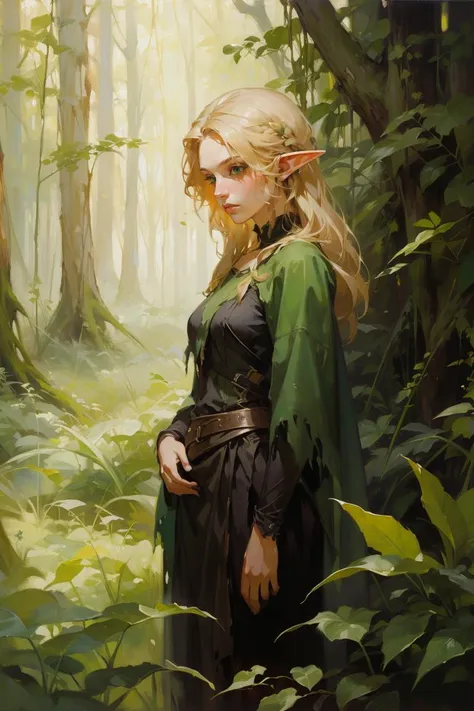 (oil painting:1.1),masterpiece, best quality, one young cute woman elf, blonde hair, green torn clothes, nature, green theme, forest overgrown, medieval, (oil painting), bearly <lora:BearlySD:0.8>