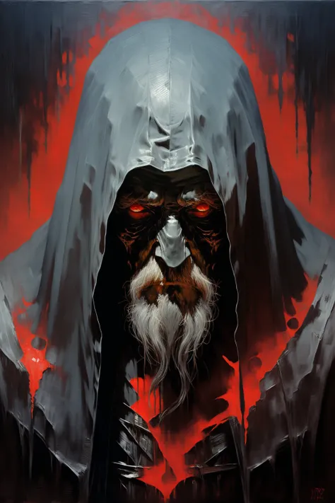 masterpiece, best quality, old man wearing a black cape, black hood, dark atmosphere, macabre, red theme, (oil painting)