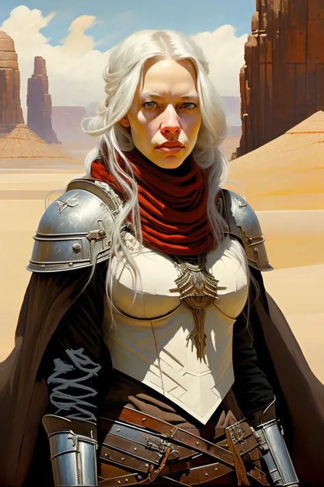 (oil painting), young woman, white hair, long hair, red scarf, armor, bearly, breastplate, day, fantasy, grey eyes, looking at viewer, oil painting, desert, sand, dune, sky, solo, desert background