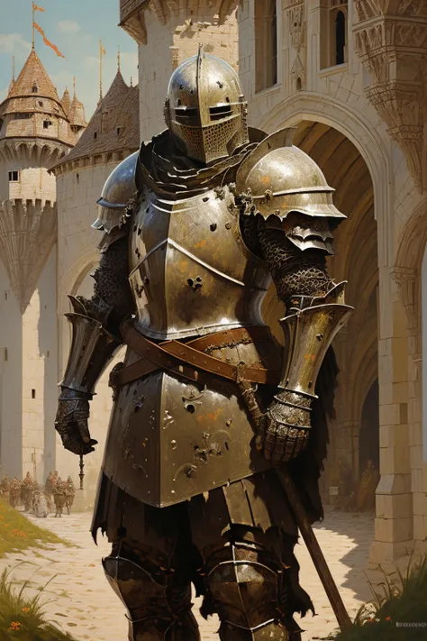 masterpiece, best quality, knight in full armor, helmet, castle, medieval, brown theme, (oil painting), bearly