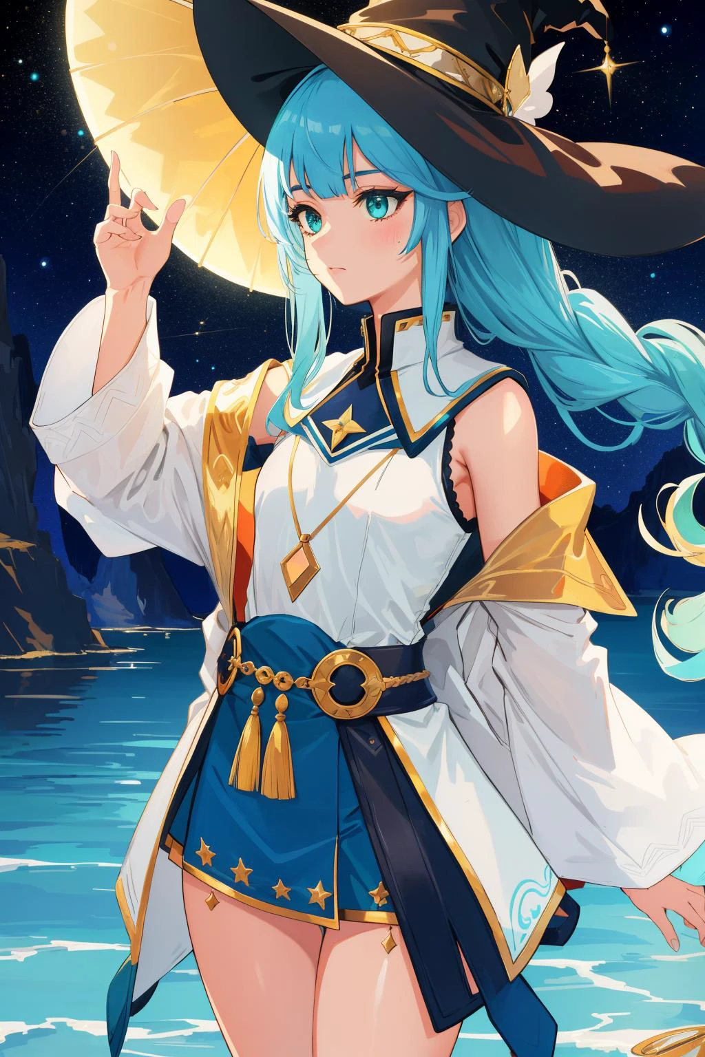 1girl, artistic Physically based render, insane details, angle from below of a Familiar Flowing ripped Moroccan ([Claude:Mykhailo:2]:1.3) , he is holding a Lamp, he is feeling very relaxed, Claude is Attending festivals, in a very Unreal [Jacket:Turtleneck and leather pants:17], The Vest has Diamond plating, with a surplice neckline, Claude has Cornrows hairstyle, he has a Holistic New Zealander Turquoise One-Eyed, Lifelike Witch Hat, lush lake with Juniper, Stars in the sky, soft focus, realism art, [ (expressionism art by Helene Schjerfbeck:1.0) : (Herbert List:1.0) :14], detailed, masterpiece, Fantasy, Aestheticism, Starlight, macro lens, Film Washi, vignette, Navy Blue palette, skin pores, pleasant Emerald Green eyes, Best quality, extremely beautiful, retro, pretty