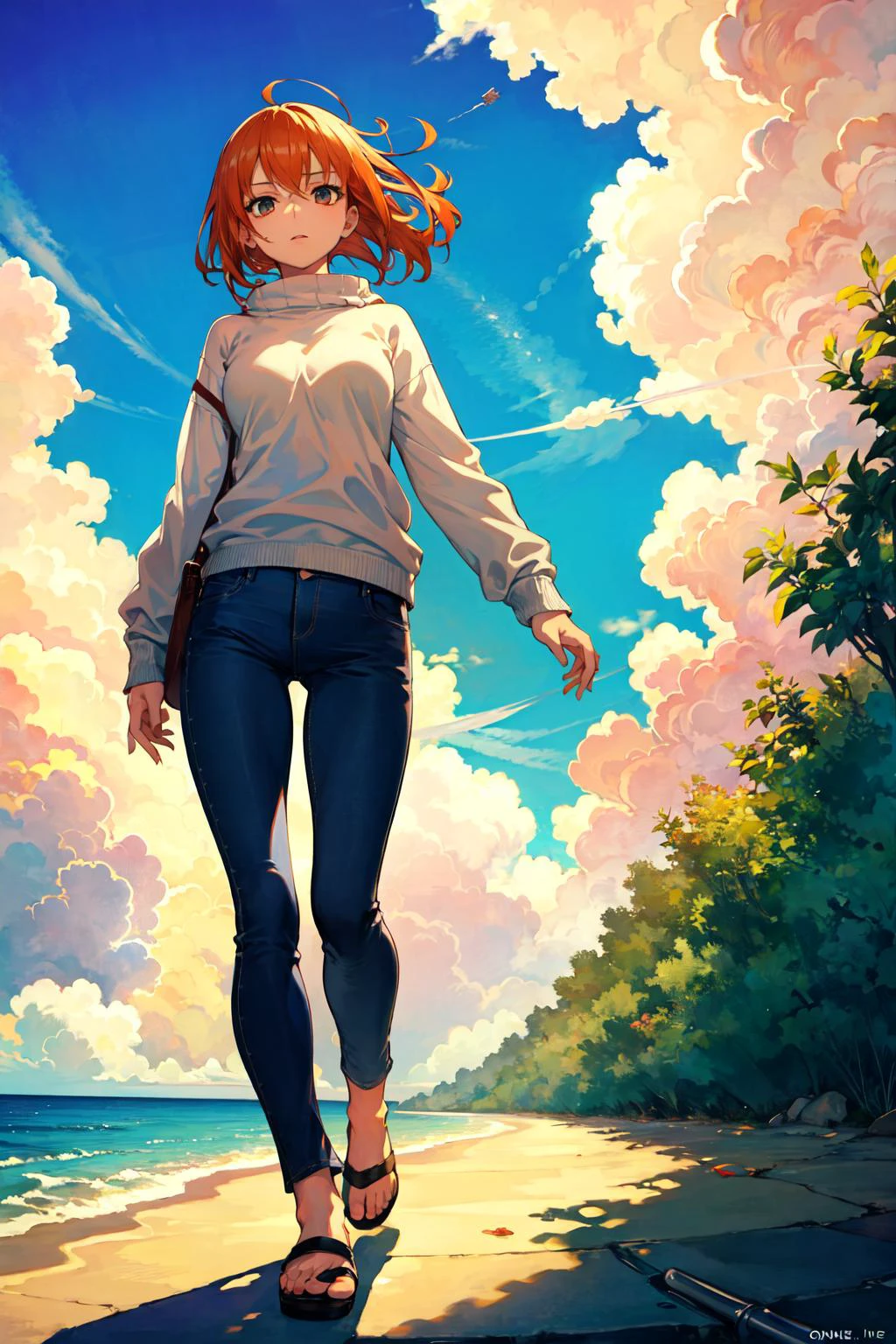 perfectly animated masterpiece, normal lighting, soft shadows,
tornado, water, ocean, waterspout,
1girl, from_below, walking, full_body, solo, looking_at_viewer,
nami_one_piece, orange_hair, sweater, jeans