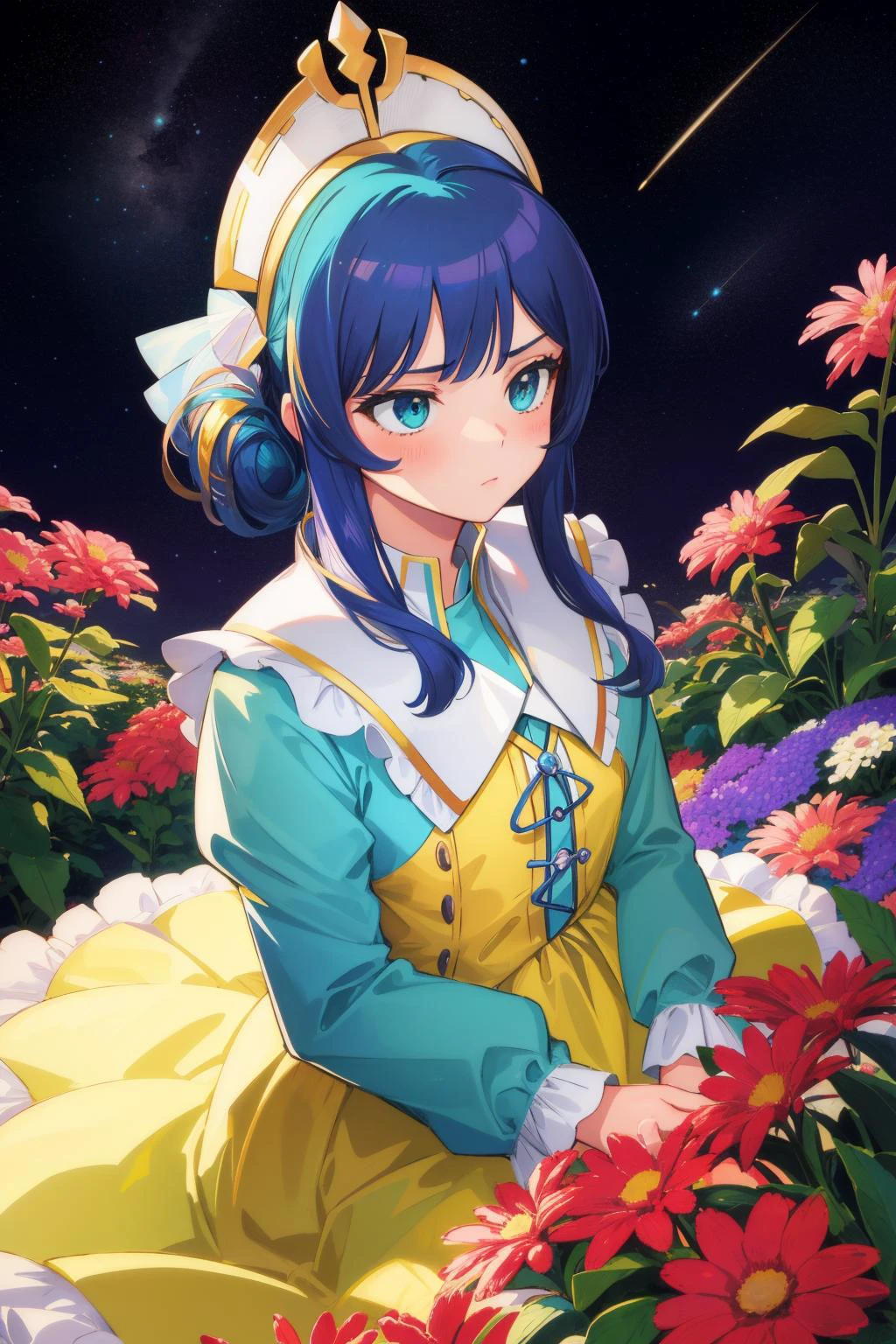 1girl, (by Pietro Antonio Rotari:1.3) , portrait art, mundane Digital artwork, dense flowers with Vine, Ribbons, low angle shot of an in a very Luminescent Turquoise and Lemon Victorian Gemini constellation Formal dress, portly Dutch (Parent:1.3) , he is very Meek and 2000'S, he is Crystal skin, he is feeling very angry, he is Meditating, he has Overgrown eyebrows and Contemplative nose, the Parent has Bangs hairstyle, the Parent has a Abstract Ethiopian Mint and Lilac Crown, Cufflink, Stars in the sky, Panorama, Screen print, Relieving, Duckcore, Cold Lighting, Low shutter, triadic colors, Floral motives, Elegant, sharp and in focus, sharp, Highres, pixiv, upper class, surrealism