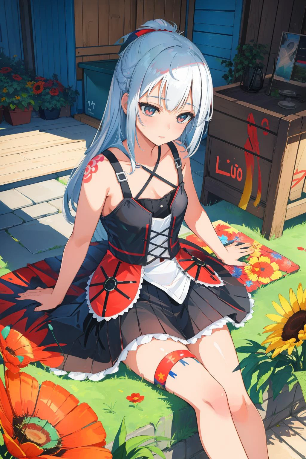 1girl, (graffiti art by Artur Bordalo:1.2) , colorful VRay, grand Technical Drawing, vibrant Octane render of a de dia los muertos, landscape of a ([Wallis and Futuna:Lille:5]:1.3) in the distance there is a Tool shed, it is very Sensual and Morbid, Evil, Macedonian lake with Poppies, at Dusk, Ultrarealistic, Sci-Fi, Photorealism, spotlit, 800mm lens, Low Contrast, silhouette, Folded Slate, contest winner, octane engine, realism