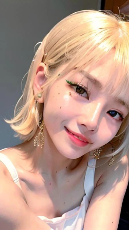 1gril, 17 y.o, k-pop Idol, dressing room, bling, white hair, close-up portrait of Lisa Blackpink, (smiling:1.3), resplendent, small tits, clean face, topless, tropics, <lora:lisaBlackpink_v1:0.8>, (high detailed skin:1.2), 8k uhd, dslr, soft lighting, high quality, film grain, Fujifilm XT3