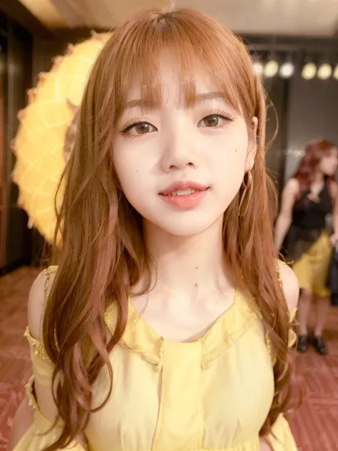 close-up portrait of Lisa Blackpink, (smiling:1.5), (yellow dress:1.3), black shirt, k-pop Idol, contrapposto, best quality, ultra high res, (photorealistic:1.3), 1girl, small breasts, (in a nighclub:1.3), beauty512, <lora:lisaBlackpink_v1:0.9>, (big body), (red hair tone:1.6)