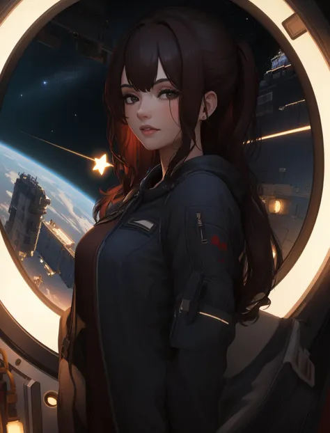 ( masterpiece, best quality, highres:1.3) <lora:CyberClaire:0.8> CyberClaire, 1girl, long hair, brown eyes, on space station, stars and space background