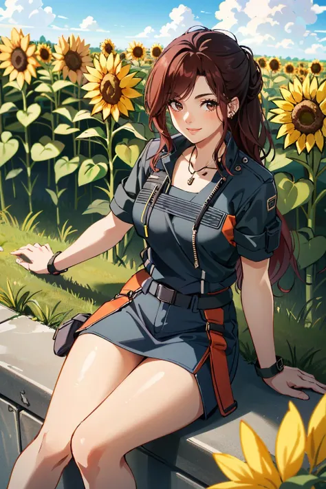 ( masterpiece, best quality, highres:1.3)
<lora:CyberClaire:0.8>
CyberClaire, 1girl, long hair, brown eyes, sitting in a sunflower field, smiling, sunlight