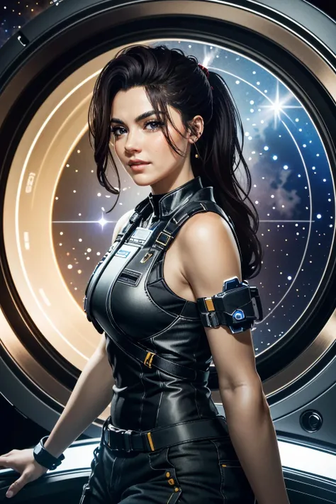 ( masterpiece, best quality, highres:1.3)
 <lora:CyberClaire:0.8>
CyberClaire, 1girl, long hair, brown eyes, on space station, stars and space background