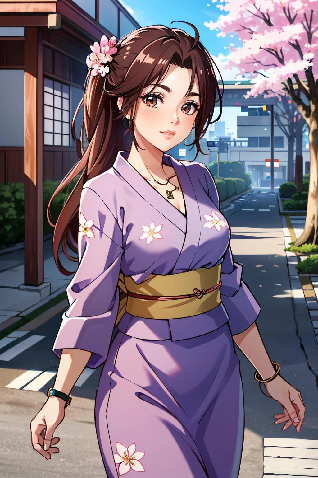 ( masterpiece, best quality, highres:1.3)
<lora:CyberClaire:0.8>
CyberClaire, 1girl, long hair, brown eyes, yukata, japan, cherry blossoms, hair ornament