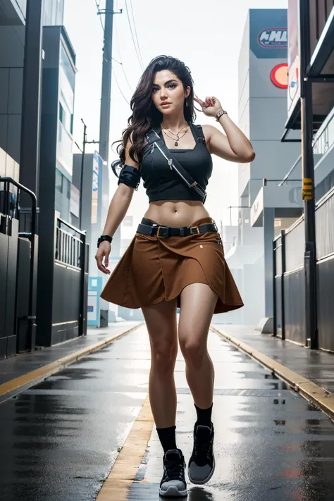 1980s \(style\), (80s anime style), ( satonaka chie), (female) that wears green jacket, (black skirt and shoes), dyed light brown bowl-shaped hair, brown eyes, (style-swirlmagic:0.7), looking at viewer, solo, (full body:0.6), detailed background, detailed face, (mongolian steppe nomad theme:1.1), martial artist, dynamic pose, fighting stance, (kicking)   colorful martial arts themed clothes, monk robes, watery swamp in background, swirling floating particles, dynamic composition, epic eastern medieval atmosphere, 
high quality, highres, fcPortrait, masterpiece,