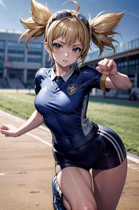 (masterpiece, best quality, detailed), 1girl, solo, looking at viewer, gbfPengy, goggles on head,
<lora:Soccer Uniform By Stable Yogi:0.5>, soccer uniform, <lora:school_yard_v0.1:1>, school yard, field, fighting stance, standing on one leg, kicking, leg up, parted lips, heavy breathing