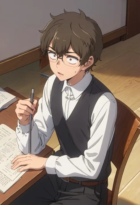 best quality, masterpiece, highres, solo, (hachiouji_naoto_donttoywithmemissnagatoro:1.10), 1boy, black pants, brown belt, collared shirt, long sleeves, male focus, sitting, white shirt, indoors, chair, closed mouth, stool, sweatdrop, book, canvas (object), easel, holding, anime_style, 9 <lora:hachiouji_naoto_donttoywithmemissnagatoro:0.80>